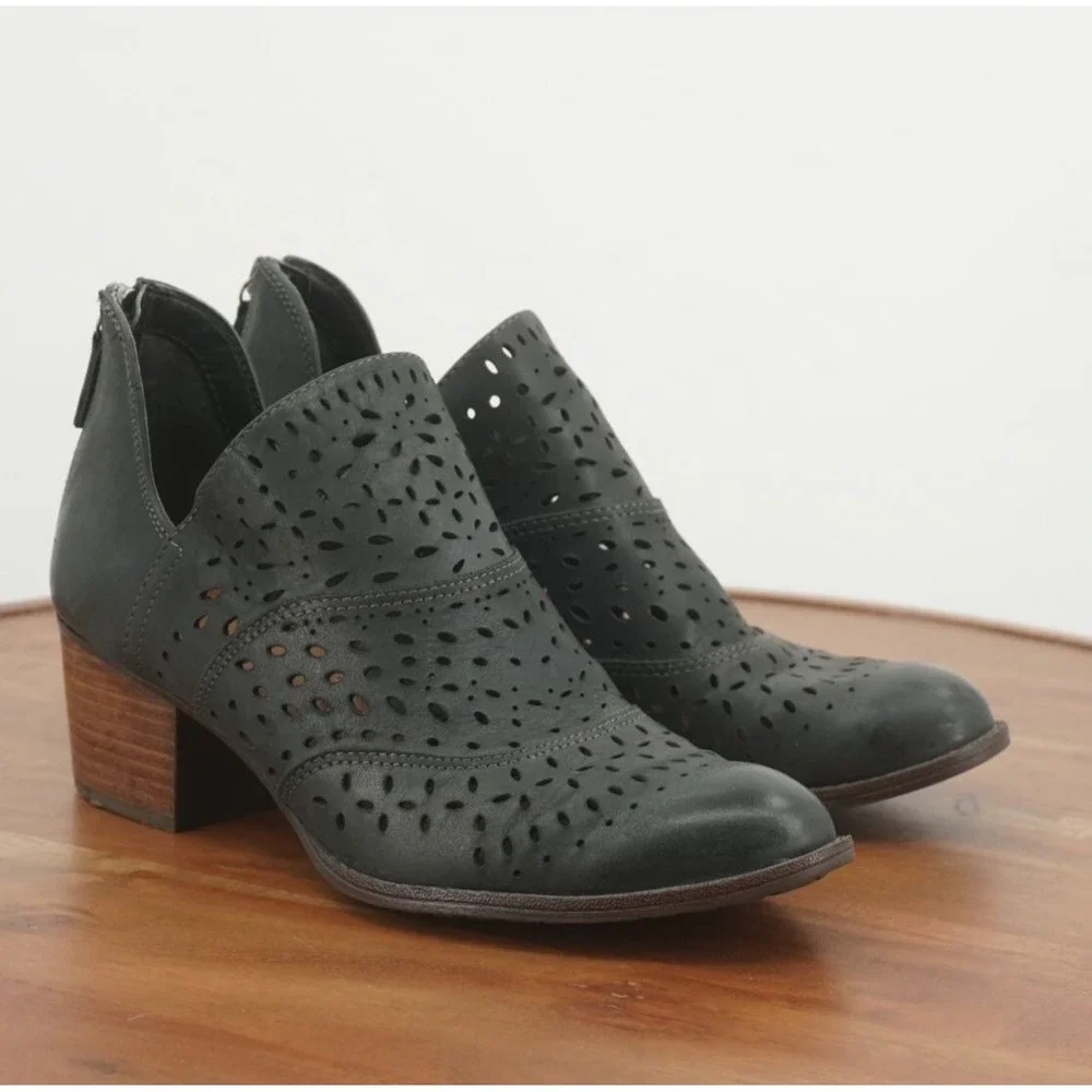 Sofft Black Perforated Leather Ankle Booties with Wood Block Heel